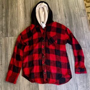 Women’s Maurices buffalo plaid button up with Sherpa hood